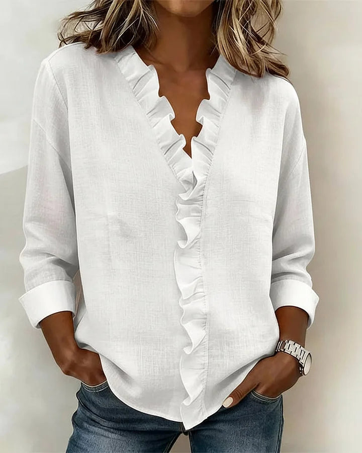 Amora | Blouse with Ruffles, V-Neck and Long Sleeves