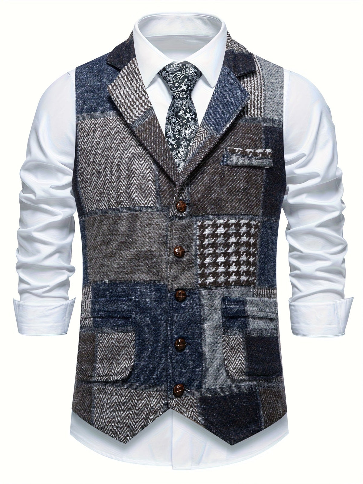 Dane | Flickwerk Vest Made of Tweed with Herringbone Pattern