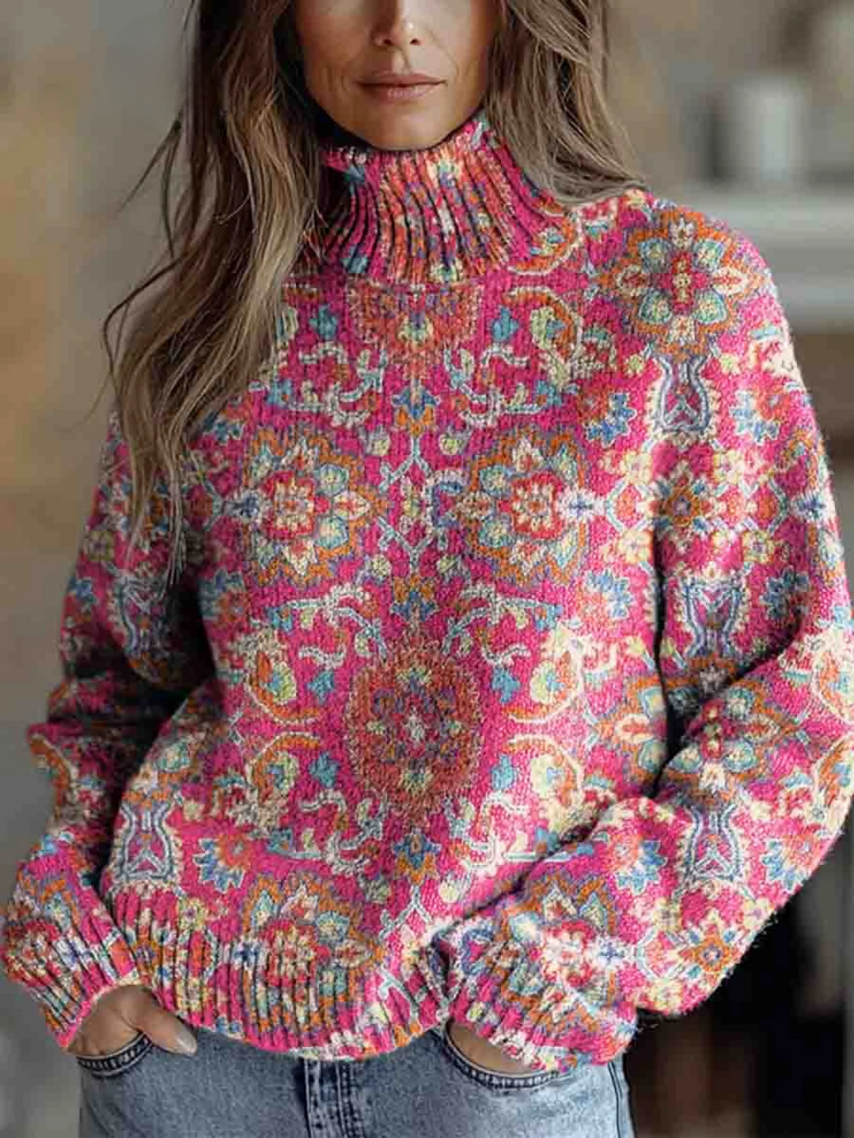 Charlotte | Ethnic Floral Knitted Turtleneck Sweater