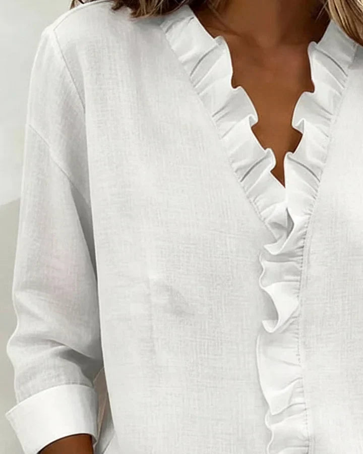 Amora | Blouse with Ruffles, V-Neck and Long Sleeves