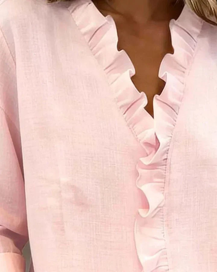 Amora | Blouse with Ruffles, V-Neck and Long Sleeves