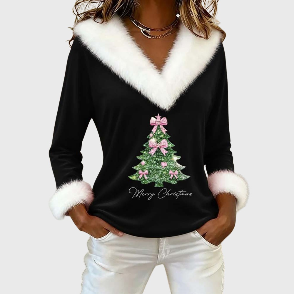 Dakota | Large Fur Collar Christmas Print Top