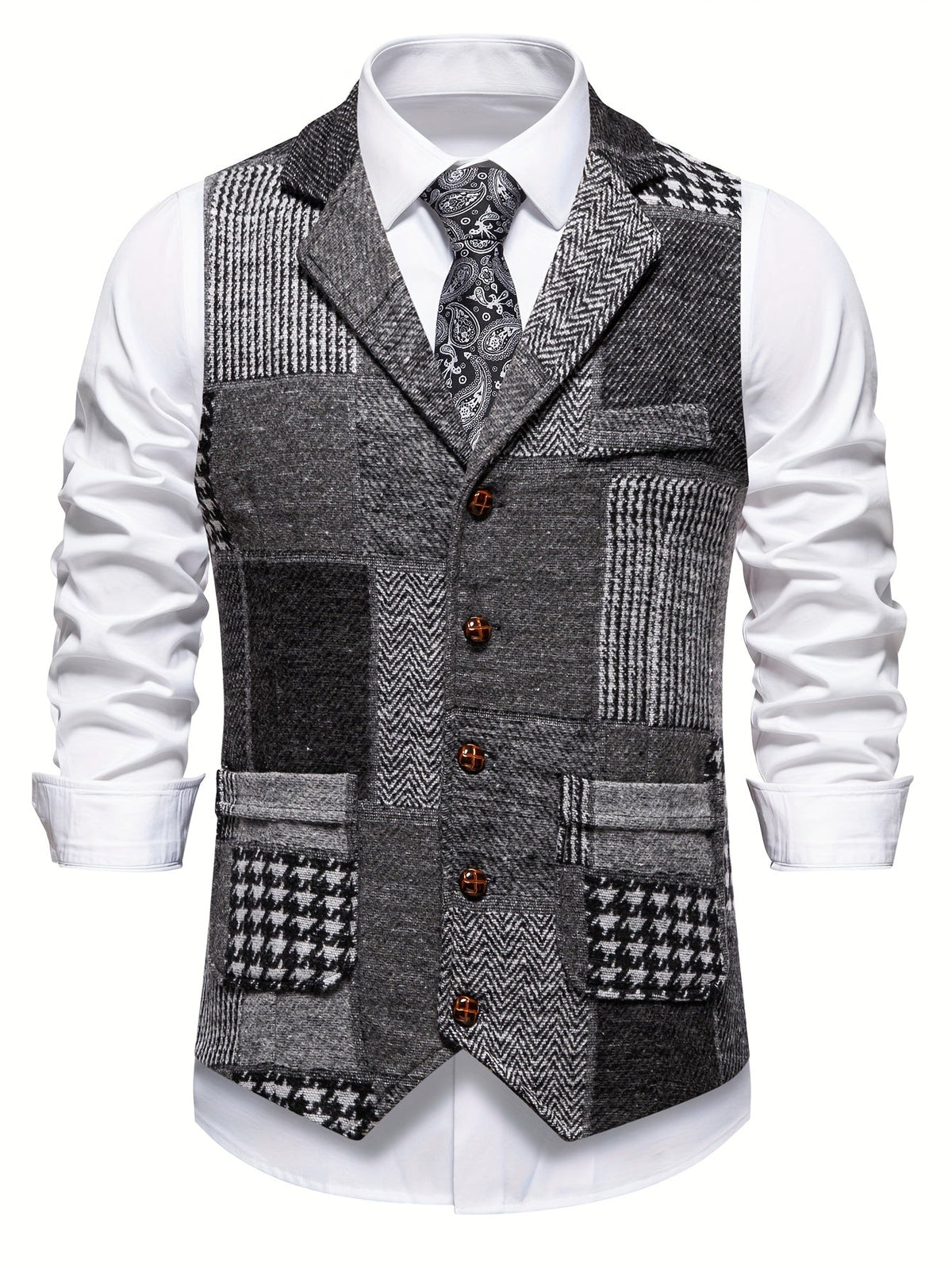 Dane | Flickwerk Vest Made of Tweed with Herringbone Pattern